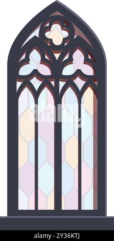 La grande fenêtre gothique à arc pointu avec vitrail au plomb laisse la lumière briller à travers Illustration de Vecteur