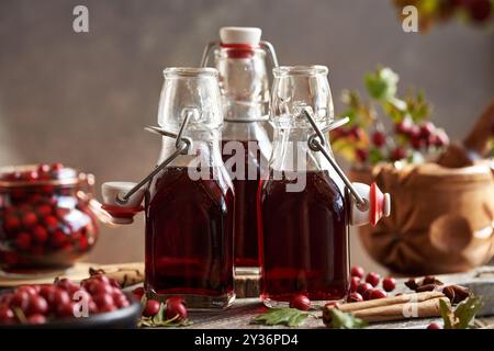 Trois bouteilles de vin médicinal préparées à partir de baies d'aubépine fraîches et d'épices en automne Banque D'Images