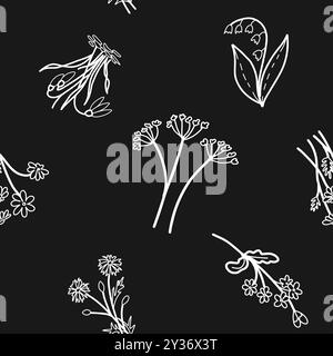 Vector Floral Seamless Pattern, délicate White Line art Flowers sur fond noir. Snowdrop, Daisy, Lily of the Valley, Forget-me-not, Cornflower Illustration de Vecteur