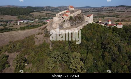 Forteresse de Rupea, forteresse médiévale construite par les Saxons de Transylvanie dans le Royaume de Hongrie, vue aérienne Banque D'Images