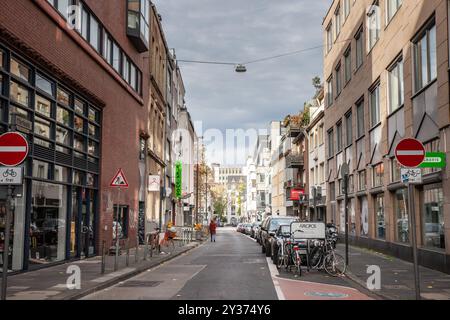 COLOGNE, ALLEMAGNE - 6 NOVEMBRE 2022 : rue typique de cologne, Albertusstrasse en Allemagne bâtiments résidentiels, voitures garées et vélos encadrés par Banque D'Images