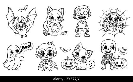 Illustration sur le thème d'Halloween avec de mignons personnages effrayants. Chauve-souris, fantôme, zombie, squelette, vampire, araignée et chatons Illustration de Vecteur