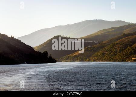 Beau paysage du fleuve Douro entre le Peso da Régua et le Pinhão au Portugal, vue sur le milieu du fleuve à contre-jour. Banque D'Images