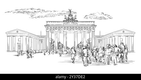 Architecture détaillée de la porte de Brandebourg, symbole emblématique de Berlin, Allemagne. Repère dessiné à la main, croquis avec attraction. Illustration vectorielle. ENM Illustration de Vecteur