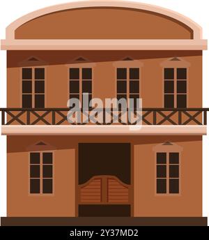 Façade de bâtiment Wild West Saloon avec balcon et portes battantes, style plat Illustration de Vecteur