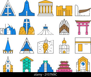 Temple Construction Collection Icons Set Vector Black Illustration de Vecteur