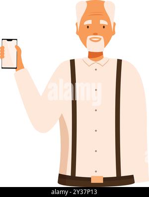 Homme senior souriant montrant l'écran de smartphone, portant des bretelles et une chemise blanche sur un fond blanc Illustration de Vecteur