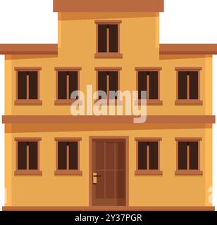 Bâtiment de deux étages avec porte et fenêtres marron avec un toit plat, isolé sur un fond blanc Illustration de Vecteur