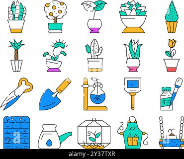 Ensemble d'icônes d'accessoires d'entretien et de plantes en pot Vector Illustration de Vecteur