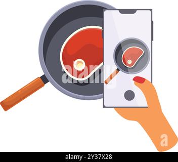 Femme utilise son smartphone pour prendre une photo d'un steak dans une poêle à frire, capturant sa création culinaire Illustration de Vecteur