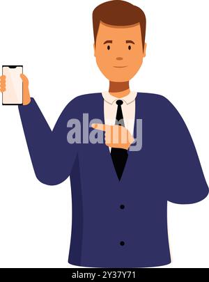 Homme d'affaires montrant un écran de smartphone vierge et pointant vers lui avec son doigt Illustration de Vecteur