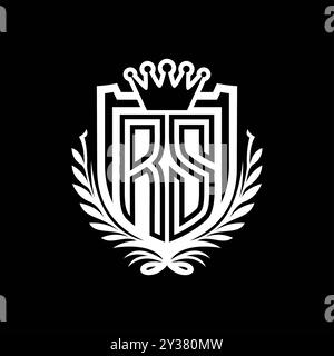 Logo RS en forme d'écusson héraldique avec couronne, écusson vintage sur fond noir Banque D'Images
