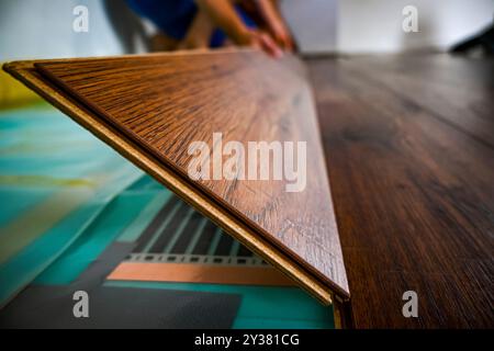 Travailleur de la construction plaçant soigneusement la planche de plancher stratifié sur le chauffage par le sol nouvellement installé dans l'appartement. Banque D'Images