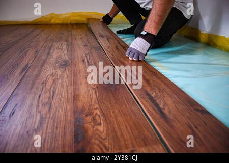 Travailleur de la construction plaçant soigneusement la planche de plancher stratifié sur le chauffage par le sol nouvellement installé dans l'appartement. Banque D'Images