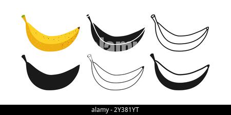 Jeu de dessins animés de symbole de banane. Banane entière, art de fruits mûrs avec texture ou icône de doodle linéaire. Abstrait Hawaiian coloré Childish signe dessiné fruit, forme stylisée de silhouette. Illustration tendance vectorielle Illustration de Vecteur