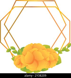 Cadre doré avec une forme géométrique décorée d'un bouquet de fleurs, parfait pour une invitation de mariage ou pour encadrer une photo romantique Illustration de Vecteur
