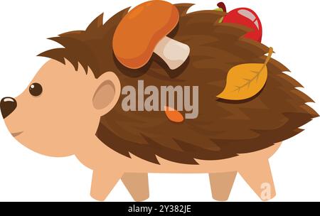Mignon hérisson de dessin animé marche avec une pomme et un champignon sur son dos Illustration de Vecteur