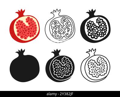 Ensemble de dessins animés de symbole de grenade. Icône juteuse de doodle linéaire à moitié rouge. Grenade tropicale plate abstraite dessinée à la main. Signe stylisé simple Cute linear tout compris Illustration tendance graphique clipart vectorielle Illustration de Vecteur
