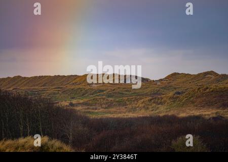 Une vue panoramique des dunes herbeuses sous un arc-en-ciel sur l'île d'Ameland Wadden, pays-Bas Banque D'Images