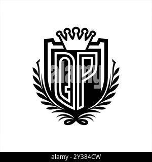 QP lettre logo forme de bouclier héraldique avec couronne, bouclier vintage sur fond blanc modèle Banque D'Images