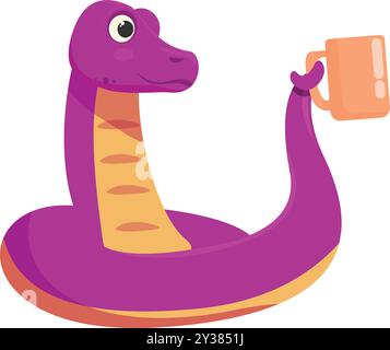 Serpent violet de dessin animé relaxant et tenant une tasse de boisson chaude Illustration de Vecteur