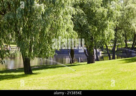 Équipement automatique pour l'irrigation et l'entretien des pelouses, jardinage dans le parc de la ville. Système d'irrigation de jardin pour arroser la pelouse Banque D'Images