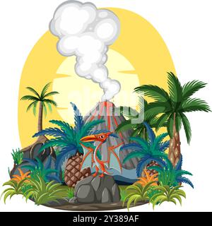 Île luxuriante avec volcan en éruption et ptérodactyl Illustration de Vecteur