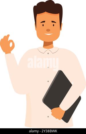 Homme d'affaires souriant tenant un ordinateur portable et geste signe OK, concept d'affaires positif Illustration de Vecteur