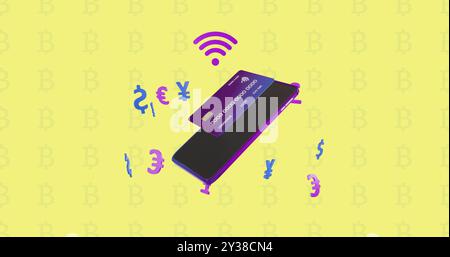 Image des icônes wifi et monnaie, smartphone et carte de crédit sur fond jaune Banque D'Images