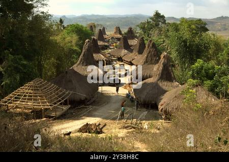 Maisons vernaculaires sumbanaises dans le village traditionnel de Praijing à Tebara, Waikabubak, Sumba occidental, Nusa Tenggara, Indonésie. Lors d’une réunion de l’Assemblée générale en décembre 2023, l’Organisation des Nations Unies (ONU) a exprimé ses préoccupations au sujet du détournement et de l’utilisation abusive du patrimoine culturel des peuples autochtones. Les Nations Unies réaffirment que les peuples autochtones ont le droit de maintenir, contrôler, protéger et développer leur patrimoine culturel, leurs savoirs traditionnels et leurs expressions culturelles traditionnelles. Banque D'Images