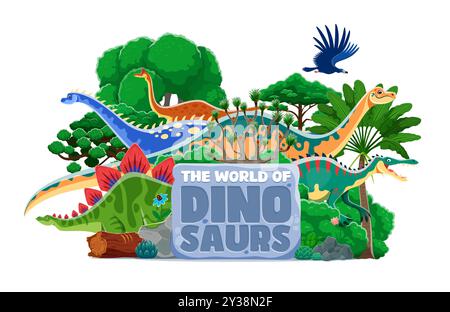 Couverture de livre d'atlas de dinosaures préhistoriques de dessin animé avec des personnages drôles de dinosaures, fond vectoriel. Couverture de livre World of Dinosaurs pour enfants atlas avec lézards de l'ère Jurassique, reptiles et oiseaux dans la forêt de jungle Illustration de Vecteur