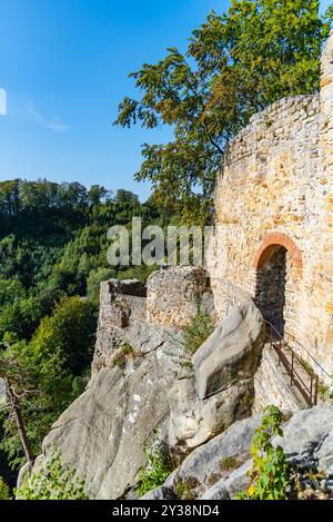 Les ruines du château de Frydstejn se dressent fièrement au milieu du paysage paradisiaque de Bohême, présentant d'anciens murs de pierre et une végétation luxuriante sous un ciel bleu clair Banque D'Images