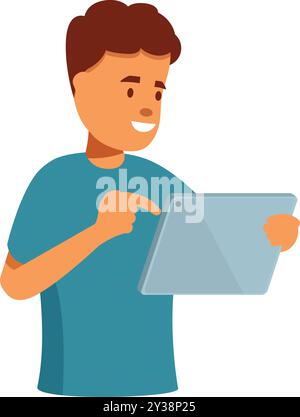 Jeune homme est plongé dans la navigation sur une tablette, son doigt navigant sur l'écran comme il aime la technologie moderne et le divertissement Illustration de Vecteur