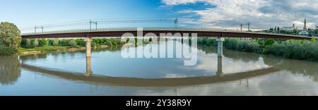 Vue panoramique sur le pont de la ligne 1 du métro enjambant la rivière Guadalquivir près de San Juan de Aznalfarache à Séville, Andalousie. Verdure luxuriante et tranquille Banque D'Images