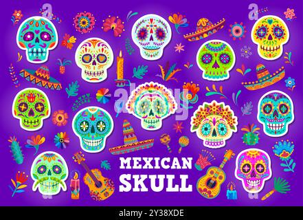 Autocollants de crâne de calavera mexicain de dessin animé pour les vacances fiesta au Mexique, icônes vectorielles. Day of the Dead ou Dia de Los Muertos autocollants de crânes de sucre de calavera drôles dans sombrero avec des fleurs de souci Illustration de Vecteur