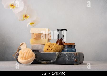 Un ensemble de salle de bain magnifiquement agencé avec des savons faits à la main, une brosse en bois pour le dos et une éponge naturelle. Idéal pour les soins naturels de la peau, les routines de bien-être Banque D'Images