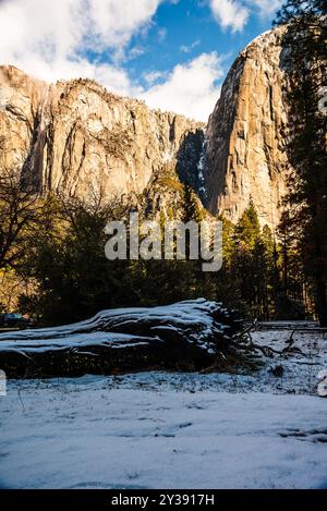 Bûche poussiéreuse de neige avec d'imposantes falaises de granit et un ciel bleu à Yosemite. Banque D'Images