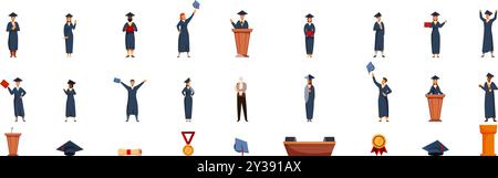 Icônes de niveau gradué définies. Les diplômés célèbrent leurs réalisations académiques, détenant des diplômes, jetant des casquettes et se tenant debout sur des podiums Illustration de Vecteur