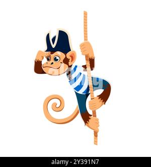 Pirate animal de singe de bande dessinée ou personnage de garçon de cabine, marin drôle de vecteur. Singe pirate ou garçon de cabine accroché à la corde de navire, animal de zoo des Caraïbes pour les enfants pirate, skipper ou personnage de dessin animé bateau Illustration de Vecteur