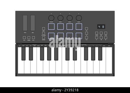 Petit synthétiseur, contrôleur MIDI. Deux octaves clavier, pads de batterie et boutons. Instrument de musique électronique, illustration vectorielle. Illustration de Vecteur