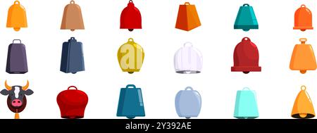 Icônes de cloche de vache définies. Ensemble de cloches colorées montrant différentes formes et tailles, isolées sur fond blanc Illustration de Vecteur