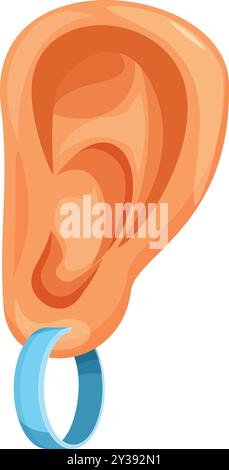 Illustration de bande dessinée d'une oreille humaine avec un piercing portant une boucle d'oreille bleue Illustration de Vecteur