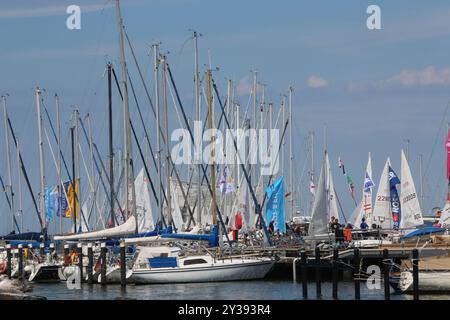 Blick am Dienstag 09.07.2024 im Ostseebad Warnemünde, ein Ortsteil der Hanse- und Universitätsstadt Rostock, auf den örtlichen Yachthafen während der Warnemünder Woche. BEI dem Event vom 06. bis 14.Juli werden hochkarätige Segelwettbewerbe ausgetragen. Dazu gibt es ein buntes Rahmenprogramm an Land. Außerdem können die Besucher zwischen dem Hotel Neptun und dem Teepott entlang einer Bummelmeile verschiedene Köstlichkeiten genießen oder eine wenig shoppen. Die Warnemünder findet in diesem Jahr zum 86. Etat mal. Dennoch ist davon auszugehen, dass auch BEI der aktuellen Ausgabe wieder Tausende M Banque D'Images