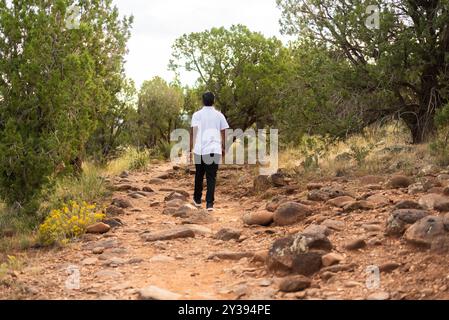 Homme marchant sur un sentier rocheux à travers un paysage désertique serein Banque D'Images