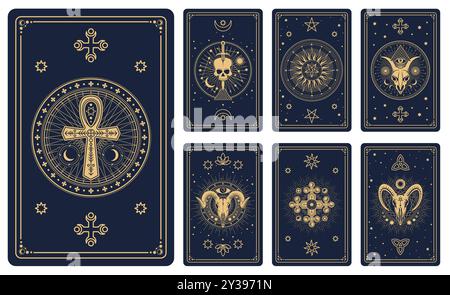 Cartes de tarot avec des symboles magiques ésotériques de crâne, étoile du diable et lune ou soleil, cadres vectoriels de lignes d'or. Jeux de cartes de tarot ou design inversé avec pyramide d'oeil de mason, cristal et pentacle Satan Illustration de Vecteur