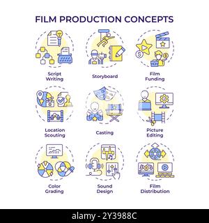 Icônes de concept multicolore pour la production de films Illustration de Vecteur