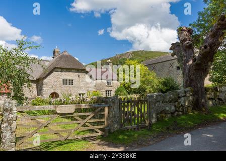 Une ancienne ferme dans le hameau de Bonehill en dessous de Chinkwell Tor dans le parc national de Dartmoor, Devon, Angleterre. Banque D'Images