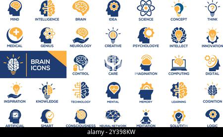 Conception d'ensemble d'icônes liées au cerveau, vecteur. Design unique et créatif Illustration de Vecteur