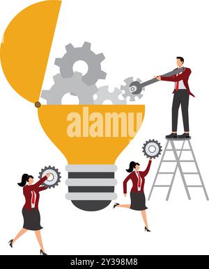 Ampoule avec engrenages, travail d'équipe, développement de produits, recherche et optimisation pour le processus de développement pour lancer un nouveau produit, gestion de projet Illustration de Vecteur