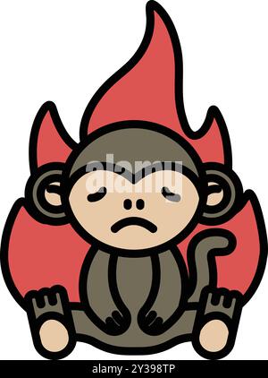 Un singe de dessin animé est assis dans un feu. Le singe est triste et regarde vers le bas. Le feu est rouge et orange Illustration de Vecteur